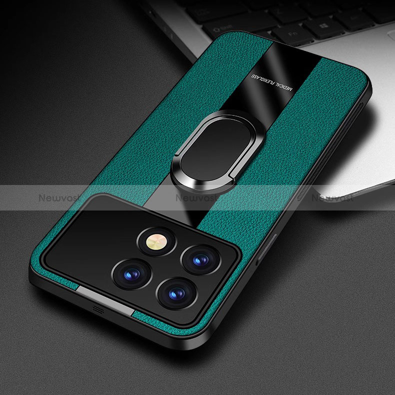 Soft Silicone Gel Leather Snap On Case Cover with Magnetic Finger Ring Stand PB3 for Xiaomi Redmi K70 Pro 5G Green