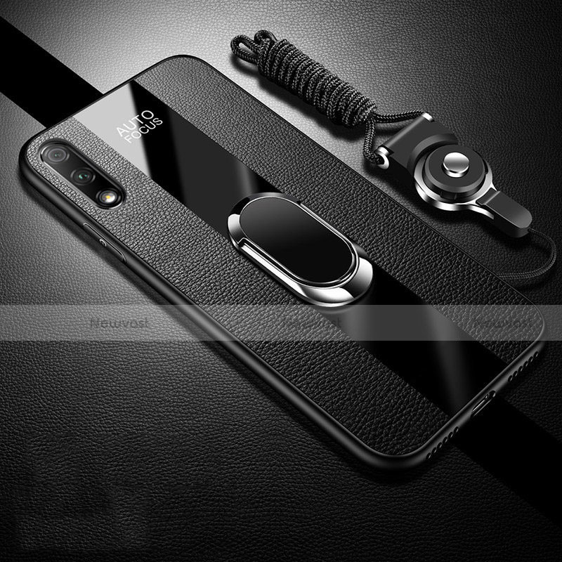 Soft Silicone Gel Leather Snap On Case Cover with Magnetic Finger Ring Stand S01 for Huawei Enjoy 10 Black