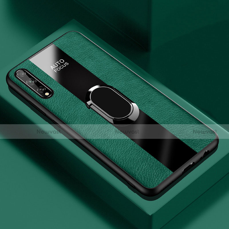 Soft Silicone Gel Leather Snap On Case Cover with Magnetic Finger Ring Stand S01 for Huawei Enjoy 10S Green