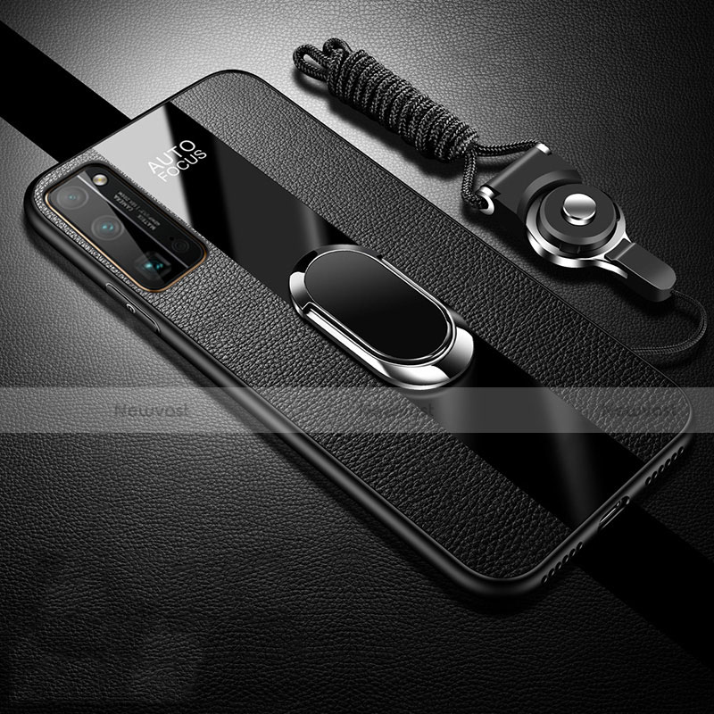 Soft Silicone Gel Leather Snap On Case Cover with Magnetic Finger Ring Stand S01 for Huawei Honor 30 Pro+ Plus Black