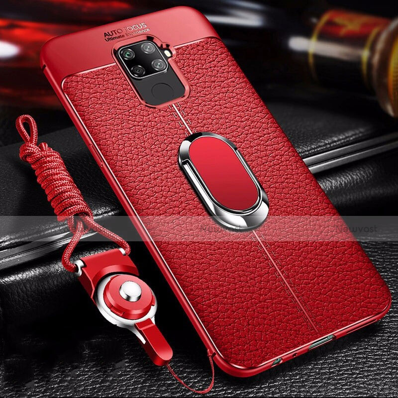 Soft Silicone Gel Leather Snap On Case Cover with Magnetic Finger Ring Stand S01 for Huawei Mate 30 Lite Red