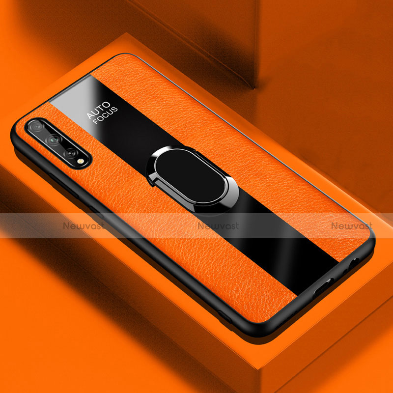 Soft Silicone Gel Leather Snap On Case Cover with Magnetic Finger Ring Stand S01 for Huawei P smart S Orange