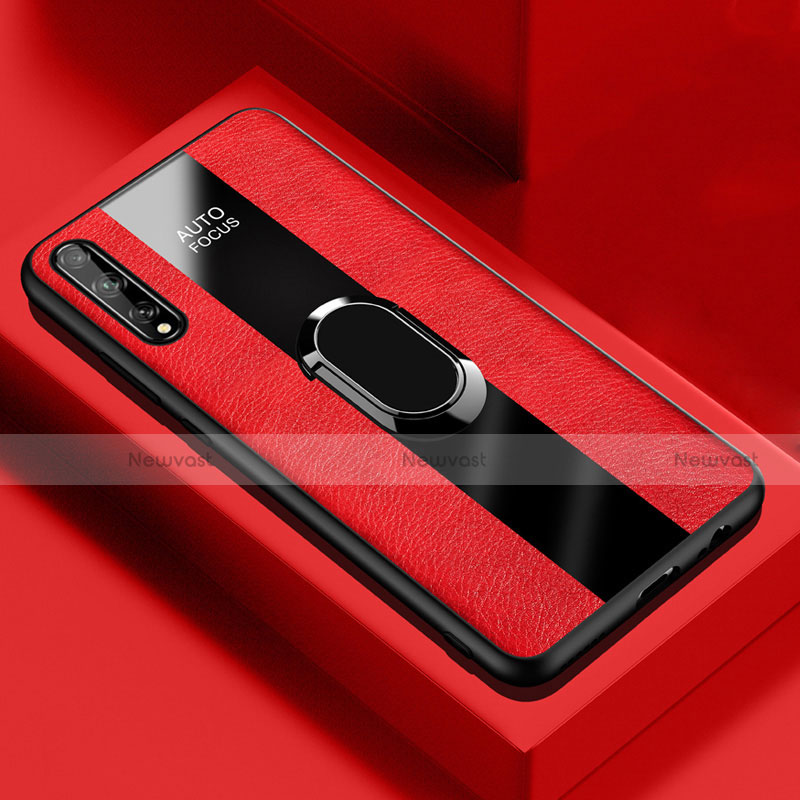 Soft Silicone Gel Leather Snap On Case Cover with Magnetic Finger Ring Stand S01 for Huawei P smart S Red
