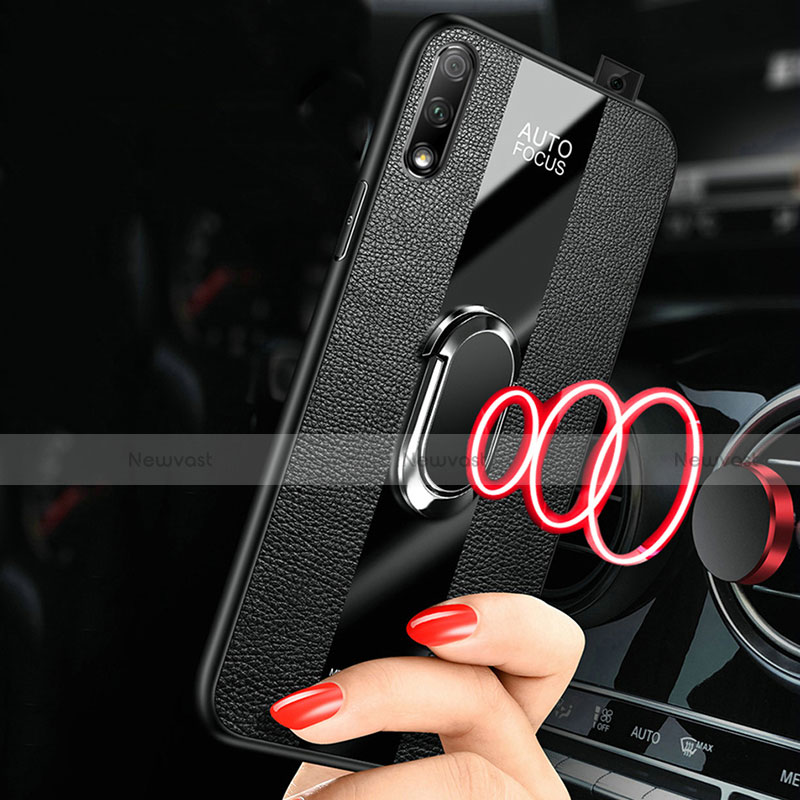 Soft Silicone Gel Leather Snap On Case Cover with Magnetic Finger Ring Stand S01 for Huawei P Smart Z (2019)