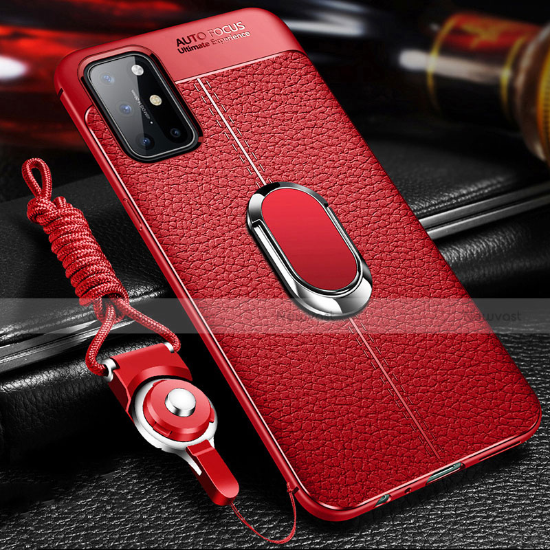 Soft Silicone Gel Leather Snap On Case Cover with Magnetic Finger Ring Stand S01 for OnePlus 8T 5G Red