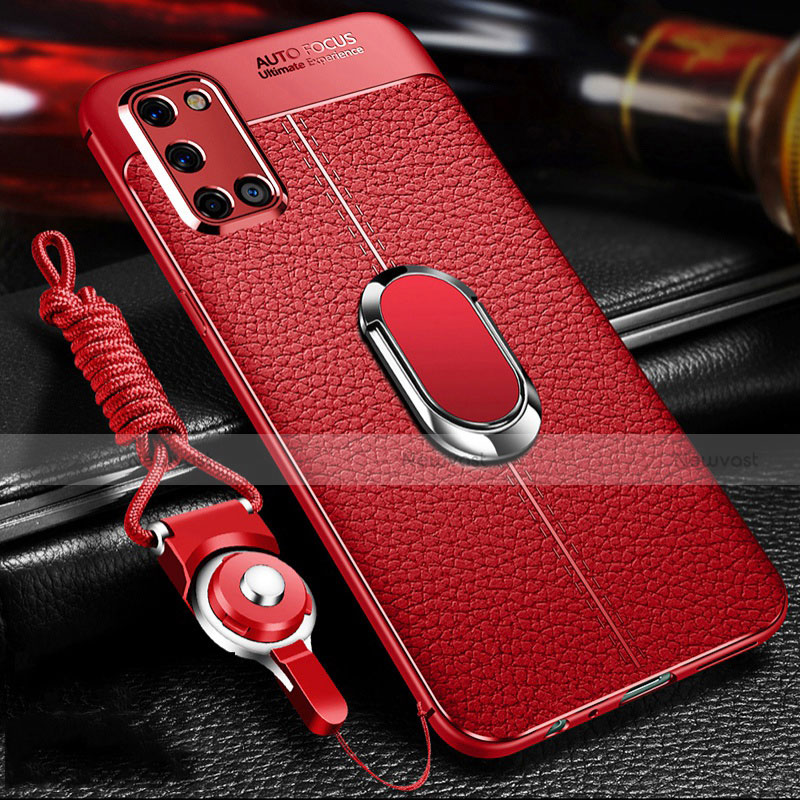 Soft Silicone Gel Leather Snap On Case Cover with Magnetic Finger Ring Stand S01 for Oppo A52 Red