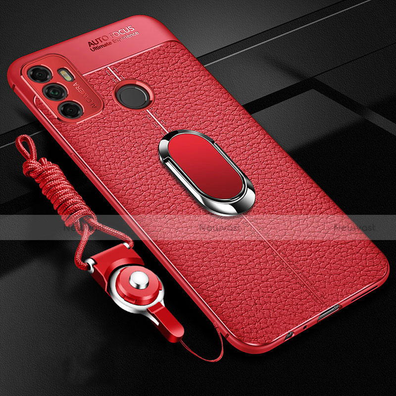 Soft Silicone Gel Leather Snap On Case Cover with Magnetic Finger Ring Stand S01 for Oppo A53s Red