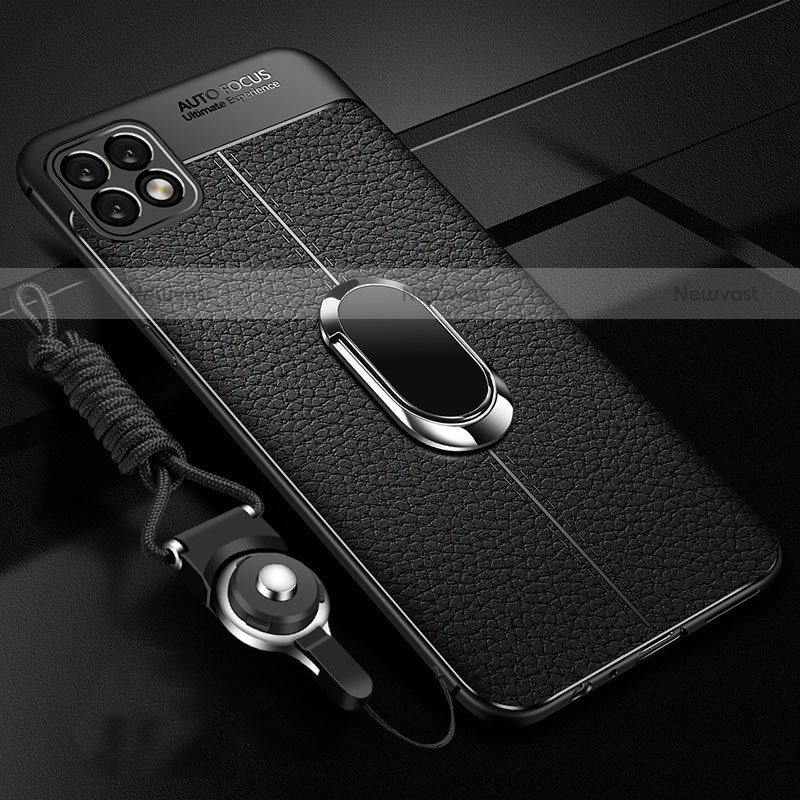 Soft Silicone Gel Leather Snap On Case Cover with Magnetic Finger Ring Stand S01 for Oppo A72 5G Black