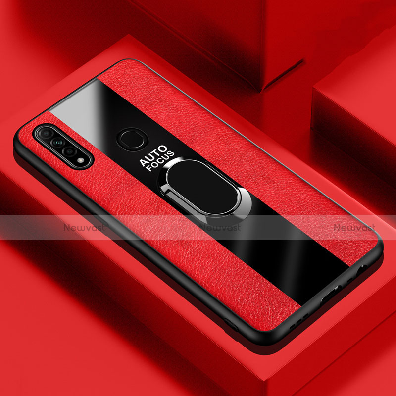 Soft Silicone Gel Leather Snap On Case Cover with Magnetic Finger Ring Stand S01 for Oppo A8 Red