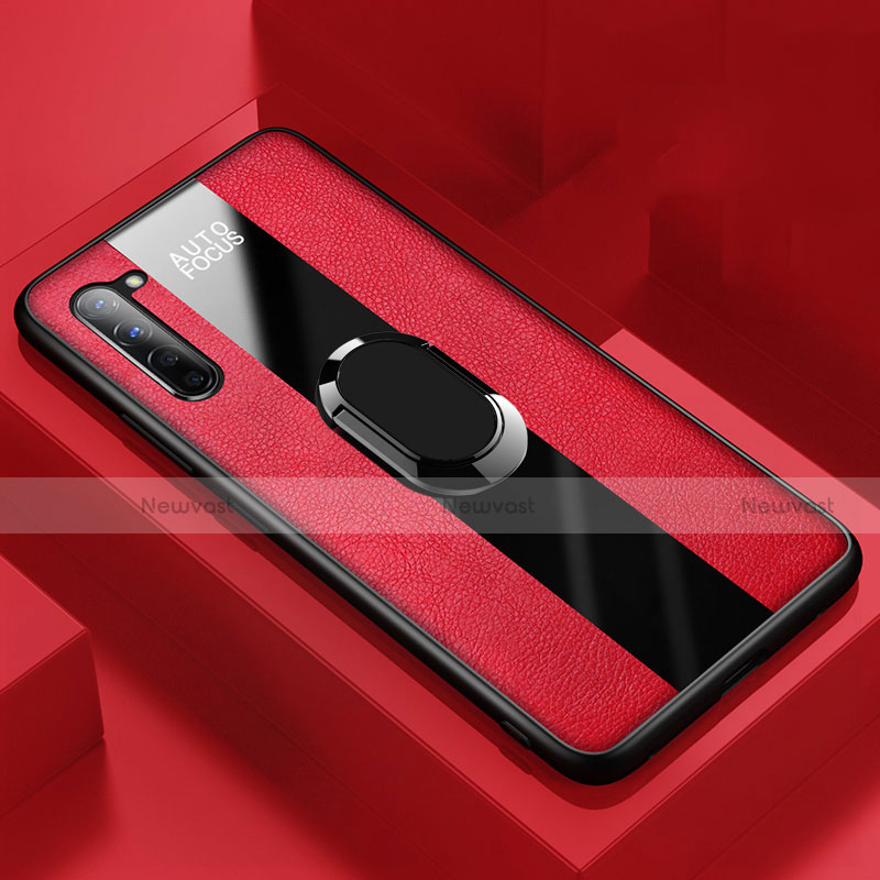 Soft Silicone Gel Leather Snap On Case Cover with Magnetic Finger Ring Stand S01 for Oppo F15 Red