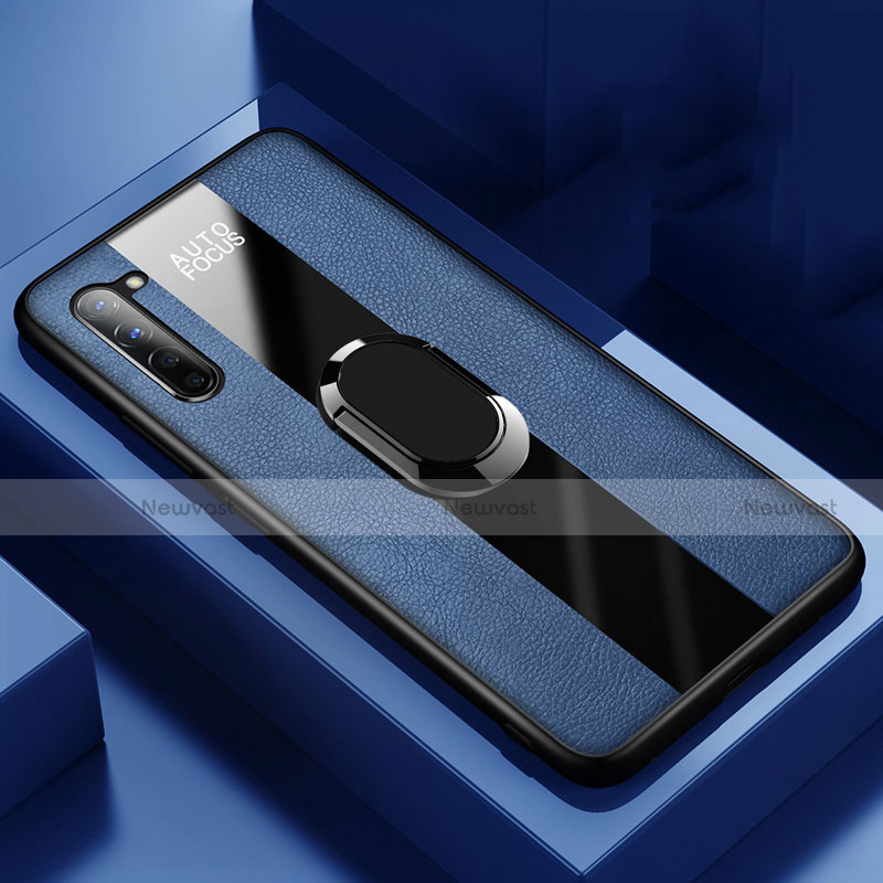 Soft Silicone Gel Leather Snap On Case Cover with Magnetic Finger Ring Stand S01 for Oppo K7 5G Blue