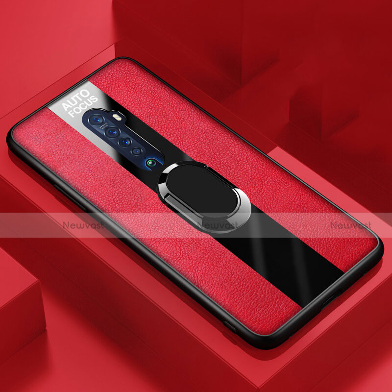 Soft Silicone Gel Leather Snap On Case Cover with Magnetic Finger Ring Stand S01 for Oppo Reno2 Red