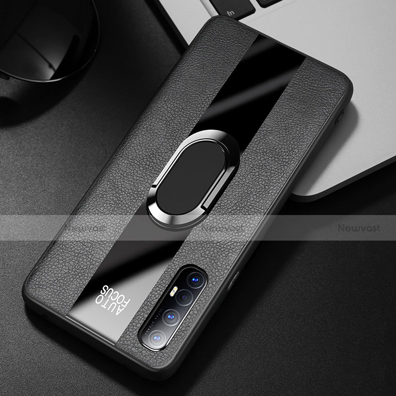 Soft Silicone Gel Leather Snap On Case Cover with Magnetic Finger Ring Stand S01 for Oppo Reno3 Pro Black