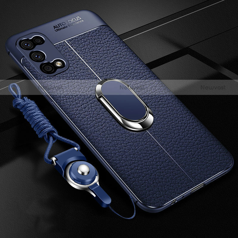 Soft Silicone Gel Leather Snap On Case Cover with Magnetic Finger Ring Stand S01 for Realme Q2 5G Blue