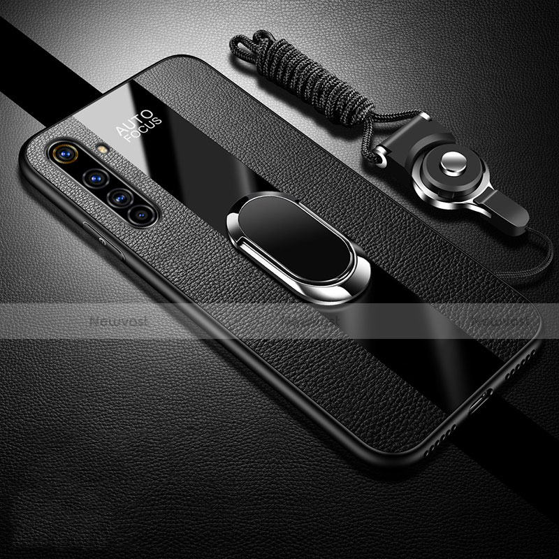 Soft Silicone Gel Leather Snap On Case Cover with Magnetic Finger Ring Stand S01 for Realme X50 Pro 5G Black