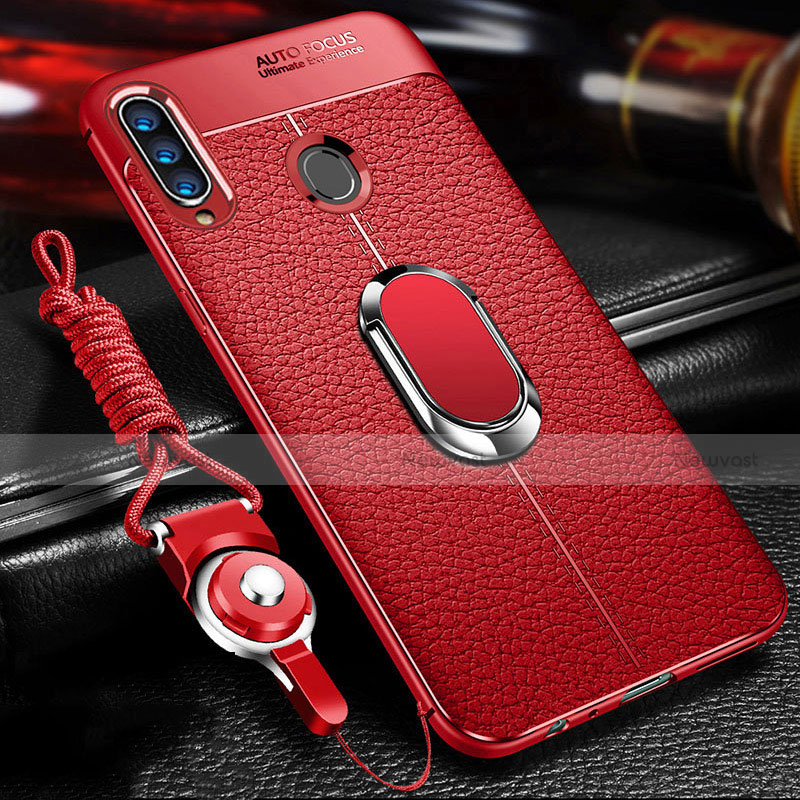 Soft Silicone Gel Leather Snap On Case Cover with Magnetic Finger Ring Stand S01 for Samsung Galaxy A20s Red