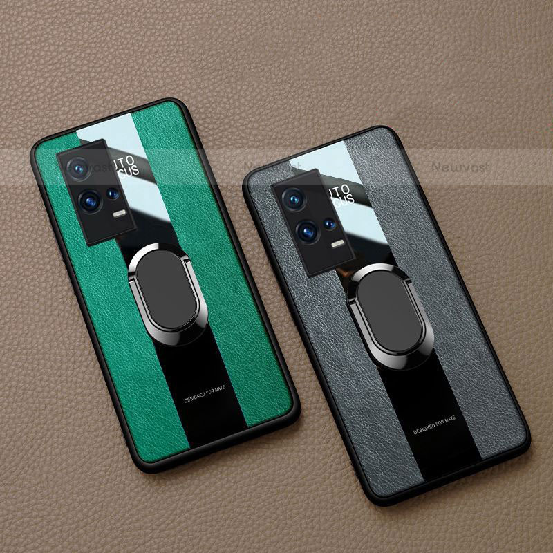 Soft Silicone Gel Leather Snap On Case Cover with Magnetic Finger Ring Stand S01 for Vivo iQOO 8 5G