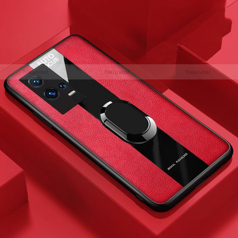 Soft Silicone Gel Leather Snap On Case Cover with Magnetic Finger Ring Stand S01 for Vivo iQOO 8 5G Red