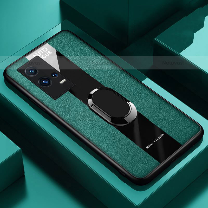 Soft Silicone Gel Leather Snap On Case Cover with Magnetic Finger Ring Stand S01 for Vivo iQOO 8 Pro 5G Green