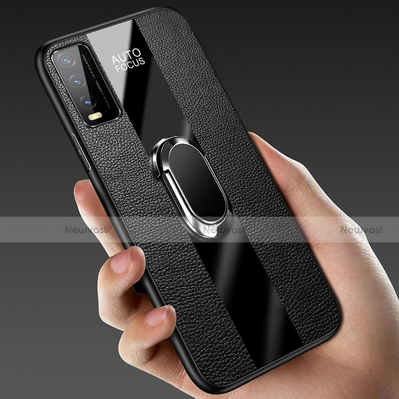 Soft Silicone Gel Leather Snap On Case Cover with Magnetic Finger Ring Stand S01 for Vivo Y12s