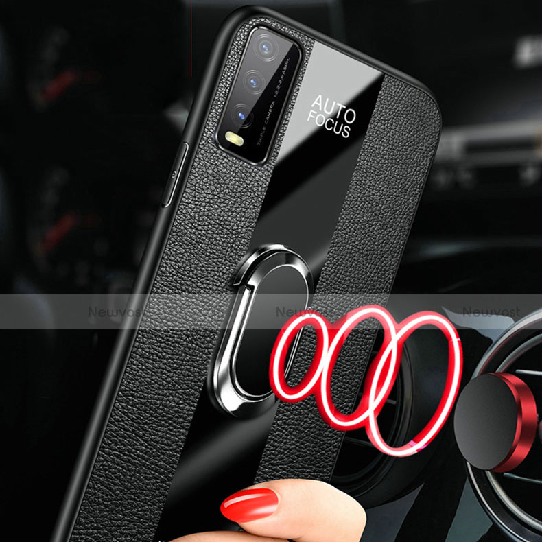 Soft Silicone Gel Leather Snap On Case Cover with Magnetic Finger Ring Stand S01 for Vivo Y20s