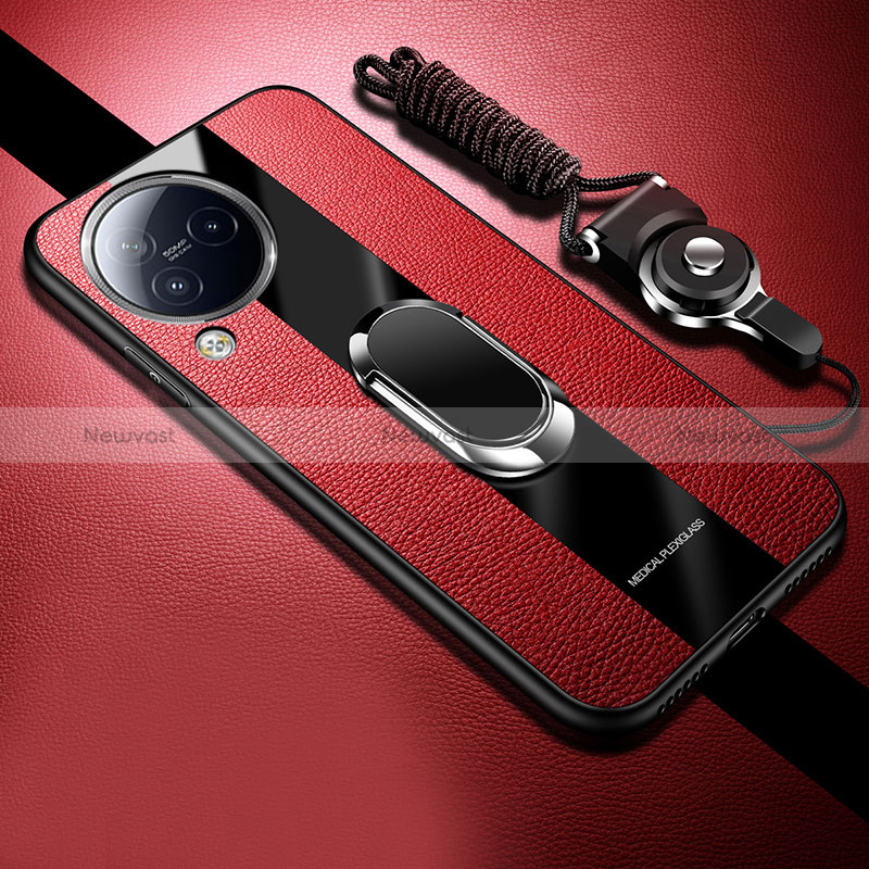 Soft Silicone Gel Leather Snap On Case Cover with Magnetic Finger Ring Stand S01 for Xiaomi Civi 3 5G Red