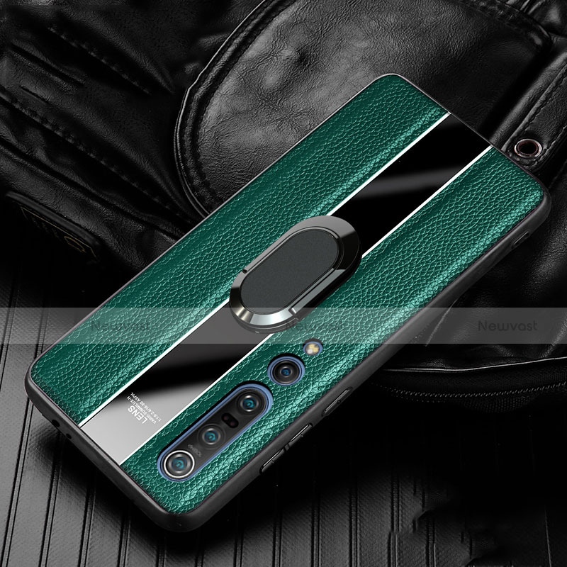 Soft Silicone Gel Leather Snap On Case Cover with Magnetic Finger Ring Stand S01 for Xiaomi Mi 10 Pro Green