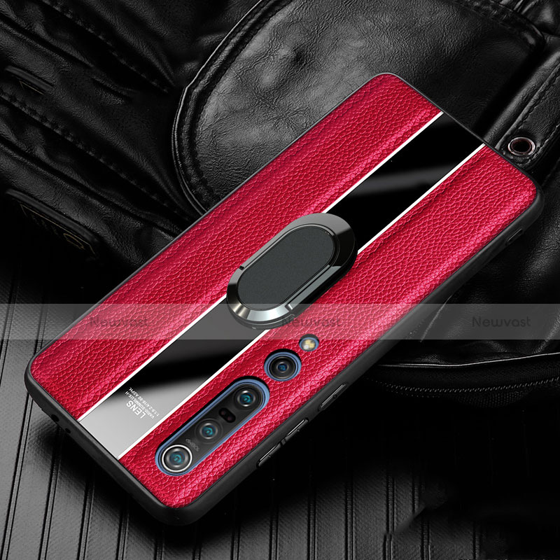 Soft Silicone Gel Leather Snap On Case Cover with Magnetic Finger Ring Stand S01 for Xiaomi Mi 10 Pro Red