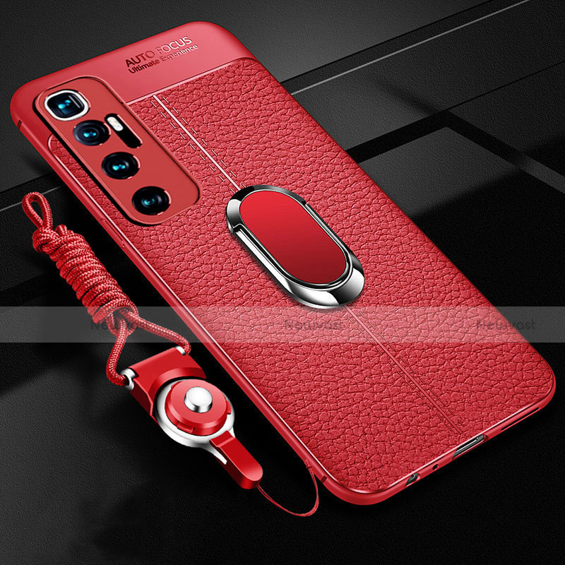 Soft Silicone Gel Leather Snap On Case Cover with Magnetic Finger Ring Stand S01 for Xiaomi Mi 10 Ultra Red