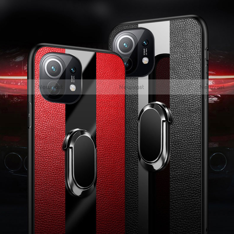 Soft Silicone Gel Leather Snap On Case Cover with Magnetic Finger Ring Stand S01 for Xiaomi Mi 11 Lite 5G