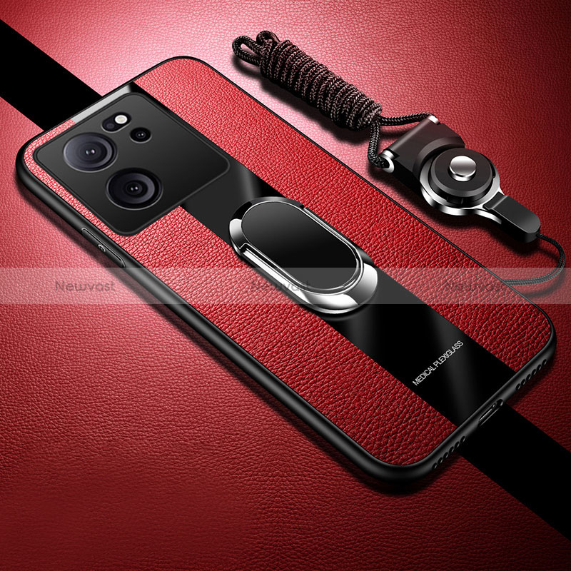 Soft Silicone Gel Leather Snap On Case Cover with Magnetic Finger Ring Stand S01 for Xiaomi Mi 13T Pro 5G Red