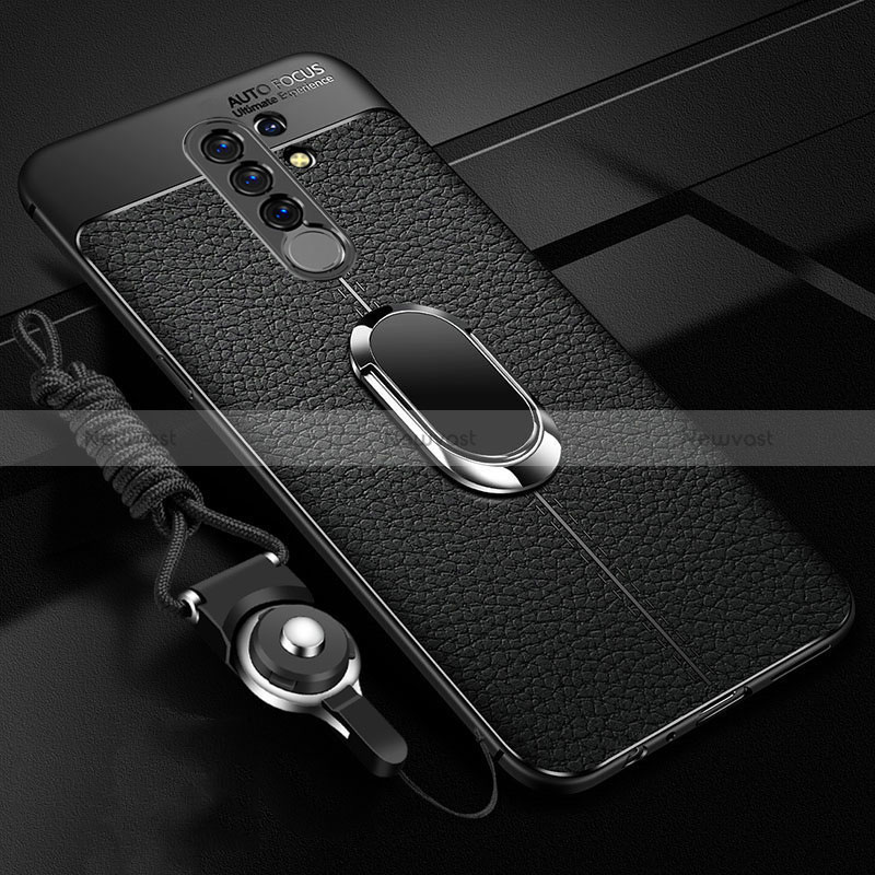 Soft Silicone Gel Leather Snap On Case Cover with Magnetic Finger Ring Stand S01 for Xiaomi Poco M2 Black