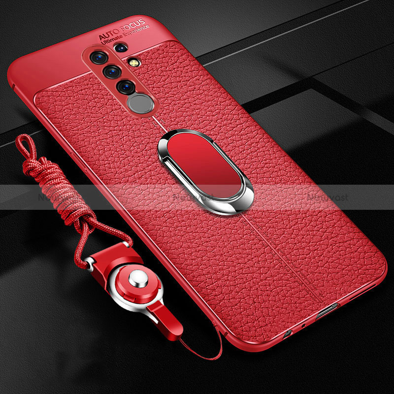 Soft Silicone Gel Leather Snap On Case Cover with Magnetic Finger Ring Stand S01 for Xiaomi Poco M2 Red