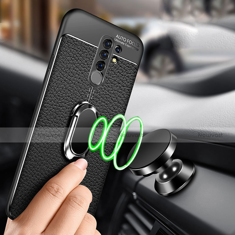 Soft Silicone Gel Leather Snap On Case Cover with Magnetic Finger Ring Stand S01 for Xiaomi Redmi 9 Prime India