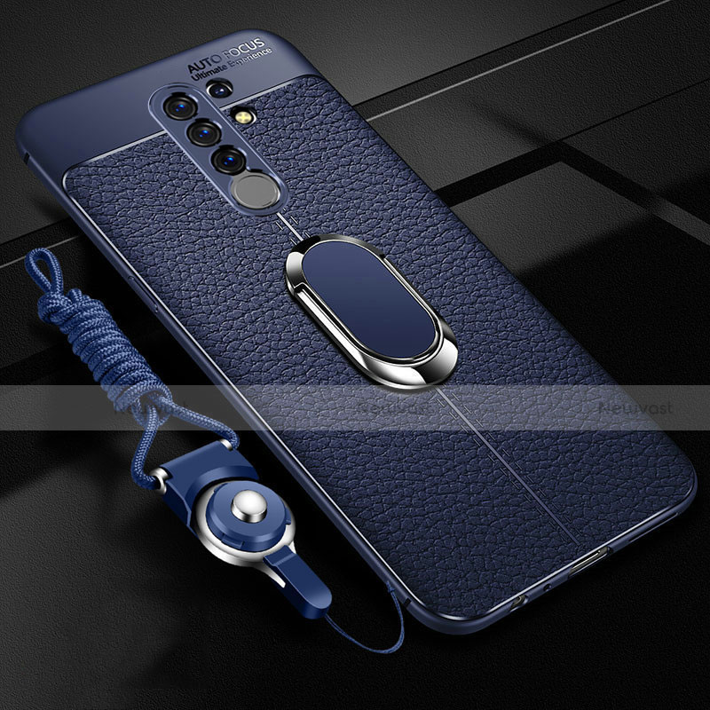 Soft Silicone Gel Leather Snap On Case Cover with Magnetic Finger Ring Stand S01 for Xiaomi Redmi 9 Prime India Blue