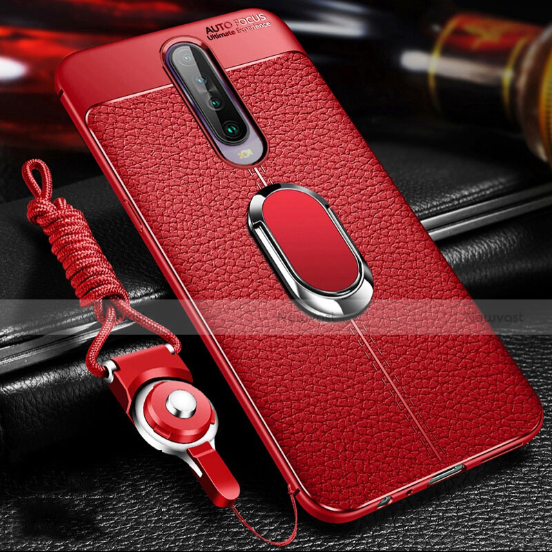 Soft Silicone Gel Leather Snap On Case Cover with Magnetic Finger Ring Stand S01 for Xiaomi Redmi K30i 5G Red