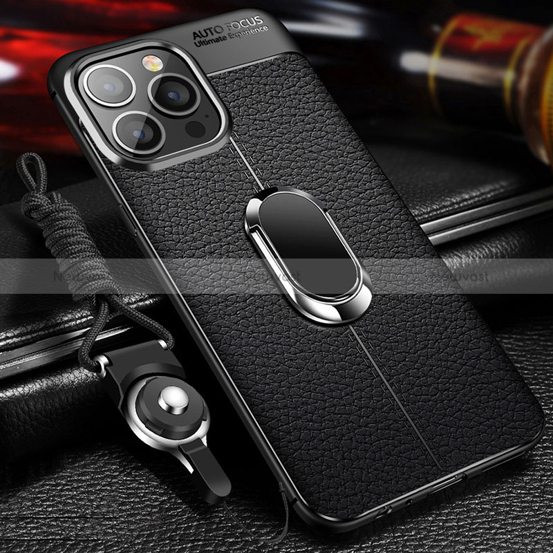 Soft Silicone Gel Leather Snap On Case Cover with Magnetic Finger Ring Stand S02 for Apple iPhone 14 Pro