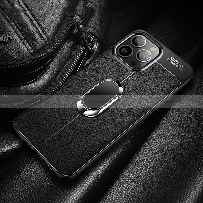 Soft Silicone Gel Leather Snap On Case Cover with Magnetic Finger Ring Stand S02 for Apple iPhone 14 Pro Max