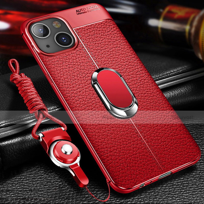 Soft Silicone Gel Leather Snap On Case Cover with Magnetic Finger Ring Stand S02 for Apple iPhone 15