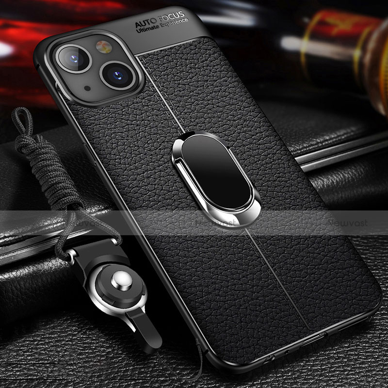 Soft Silicone Gel Leather Snap On Case Cover with Magnetic Finger Ring Stand S02 for Apple iPhone 15 Black