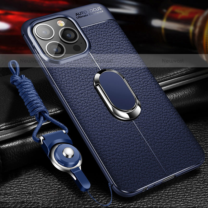 Soft Silicone Gel Leather Snap On Case Cover with Magnetic Finger Ring Stand S02 for Apple iPhone 15 Pro