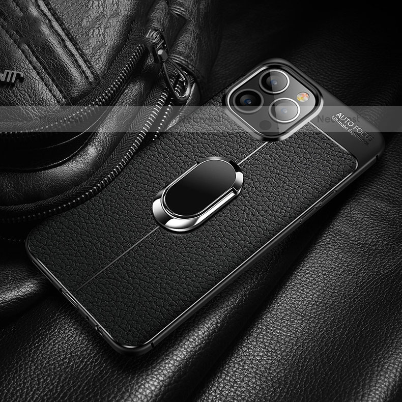 Soft Silicone Gel Leather Snap On Case Cover with Magnetic Finger Ring Stand S02 for Apple iPhone 15 Pro