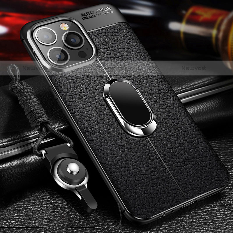 Soft Silicone Gel Leather Snap On Case Cover with Magnetic Finger Ring Stand S02 for Apple iPhone 15 Pro Black