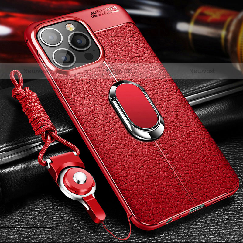 Soft Silicone Gel Leather Snap On Case Cover with Magnetic Finger Ring Stand S02 for Apple iPhone 15 Pro Red