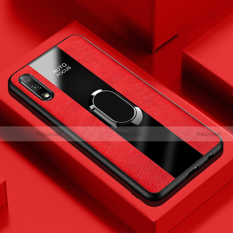 Soft Silicone Gel Leather Snap On Case Cover with Magnetic Finger Ring Stand S02 for Huawei Honor 9X Red