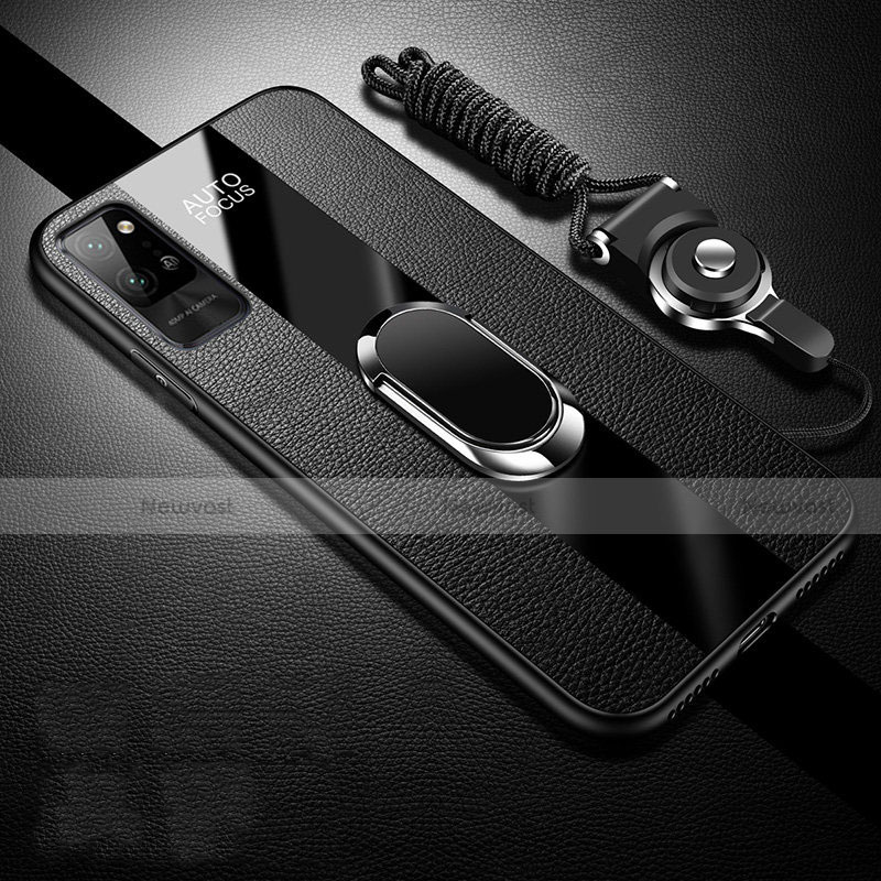 Soft Silicone Gel Leather Snap On Case Cover with Magnetic Finger Ring Stand S02 for Huawei Honor Play4 Pro 5G Black