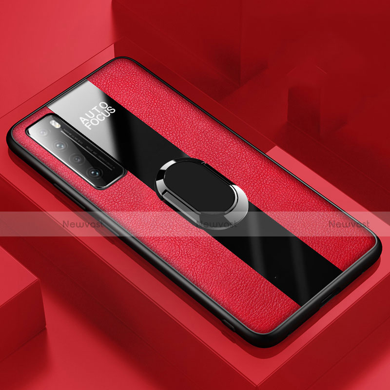 Soft Silicone Gel Leather Snap On Case Cover with Magnetic Finger Ring Stand S02 for Huawei Nova 7 5G Red