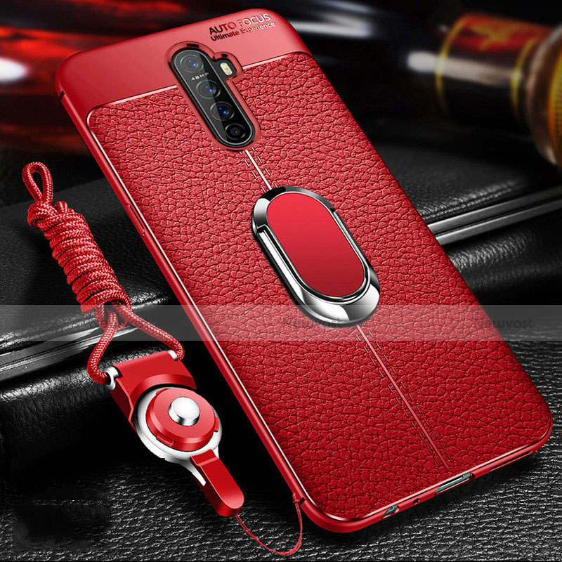 Soft Silicone Gel Leather Snap On Case Cover with Magnetic Finger Ring Stand S02 for Oppo Reno Ace Red