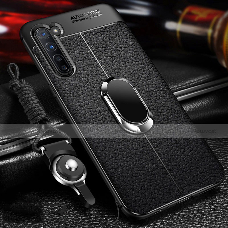 Soft Silicone Gel Leather Snap On Case Cover with Magnetic Finger Ring Stand S02 for Oppo Reno3 Black