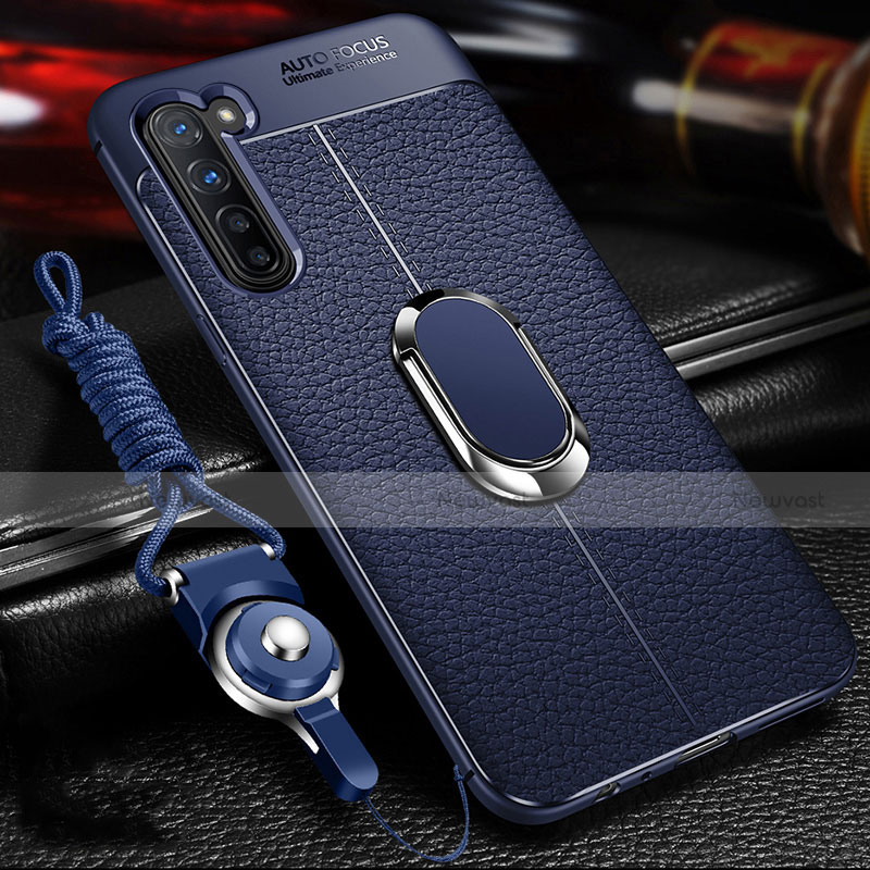 Soft Silicone Gel Leather Snap On Case Cover with Magnetic Finger Ring Stand S02 for Oppo Reno3 Blue